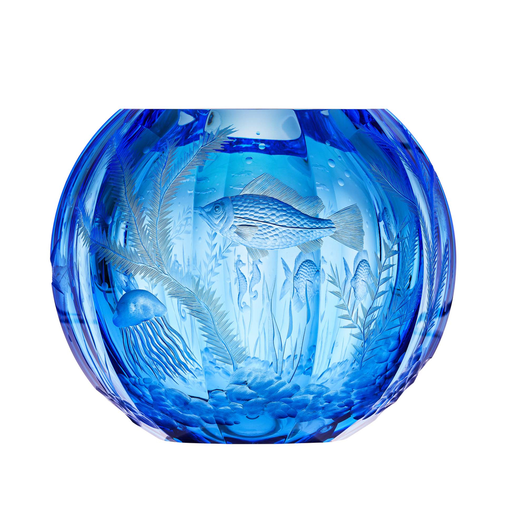 Blue luxury Globe vase with the decor of fish empire. Moser