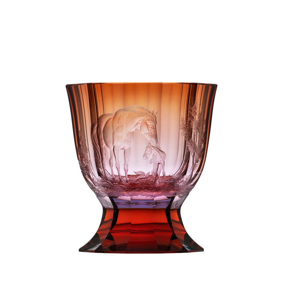 Orange Paso doble vase with engraving of horses. Hand cut Moser
