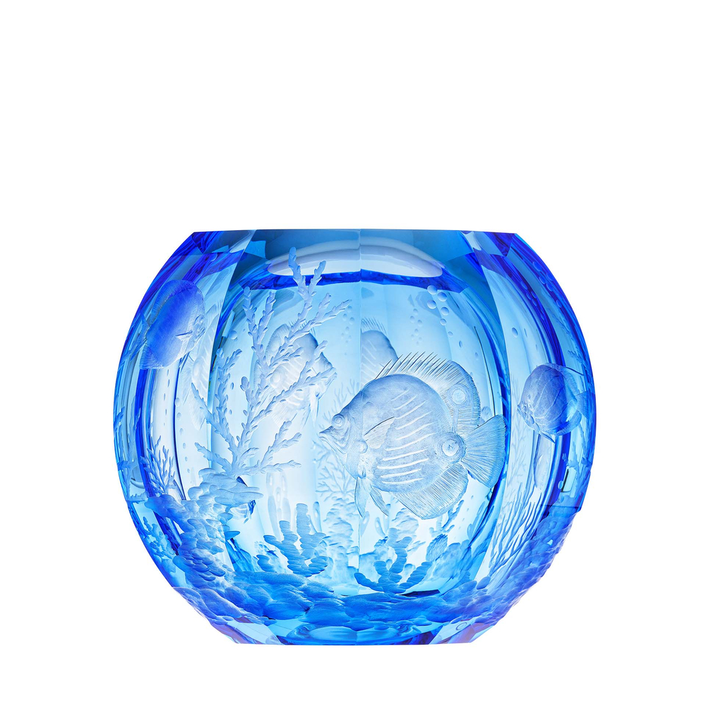 Blue luxury crystal glass vase Globe with the decor of reef fish. Moser